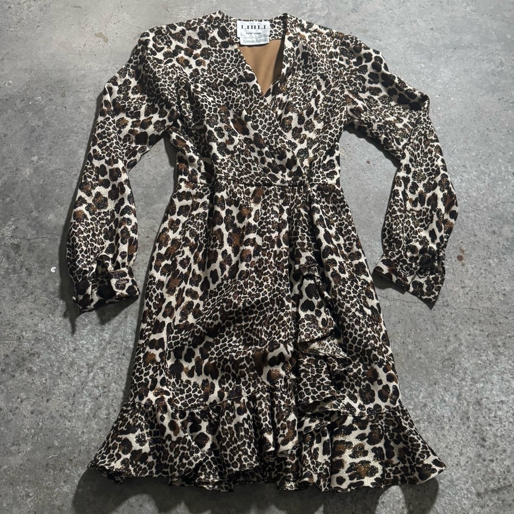 Vtg‎ Lihli New York Neiman Marcus Leopard Wrap Midi Dress Sz 6 Ruffle Y2k Retro